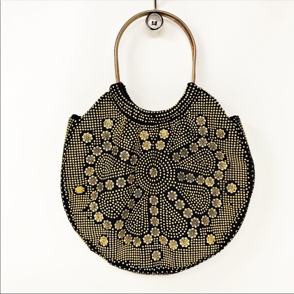 Vintage Black/Gold Beaded Purse With Metal Handles - Picture 1 of 11